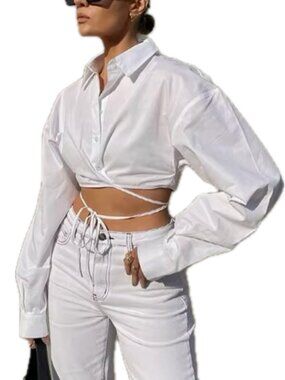 White Fox Cotton Wrap-Tie Back Cropped Long Sleeve Button-Up Blouse (White)